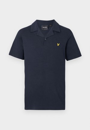 Lagan tamnoplavi polo s kratkim rukavima, ovratnikom, jednim gumbom i žutim izvezenim logotipom ptice na prsima.