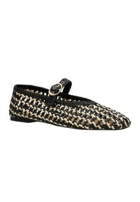 Woven flats featuring a black and beige pattern, rounded toe, strap with buckle, and smooth sole. Lightweight and breathable design.