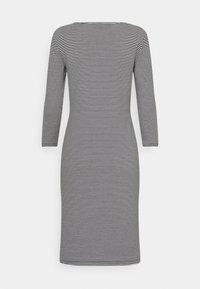 Czarna i biała sukienka w paski z długimi rękawami, dopasowanym krojem, okrągłym dekoltem i gładkiego materiału, kończąca się poniżej kolana.