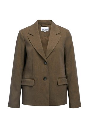 Brown tailored blazer with notch lapels, two black buttons, and flap pockets on front, displayed on white background.