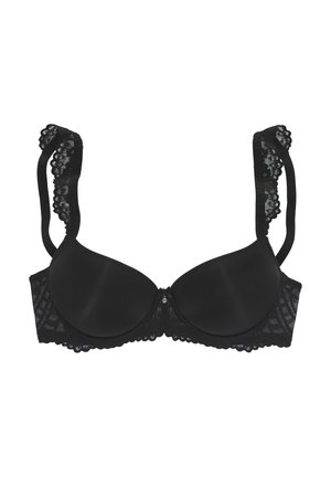 Čierna podprsenka s výplňou, s čipkovými detailmi, podprsenkovou a vykrojenou podporou. Hladký predok s textúrovanými čipkovými stranami a dekoratívnym stredovým akcentom.