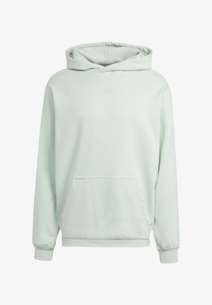 Light green hoodie made of soft fabric, featuring a front pocket, ribbed cuffs, and a drawstring hood. Embossed logo on the chest.