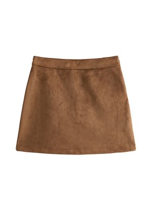 Brązowa mini spódnica z imitacji zamszu o gładkiej fakturze, z dopasowaną talią i rozkloszowanym dołem, z czystymi szwami wzdłuż krawędzi.