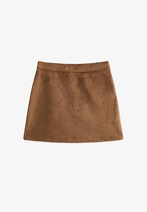 Brązowa mini spódnica z imitacji zamszu o gładkiej fakturze, z dopasowaną talią i rozkloszowanym dołem, z czystymi szwami wzdłuż krawędzi.