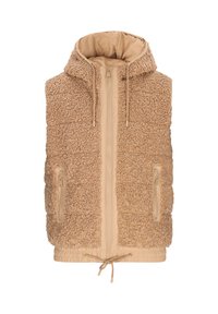 Gilet beige con esterno texturizzato e peloso, zip frontale e cappuccio. Presenta due tasche laterali con zip e orlo regolabile con coulisse.
