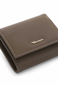 Brown synthetic wallet with a textured finish, folded design, visible stitching, and a gold-tone logo accent.