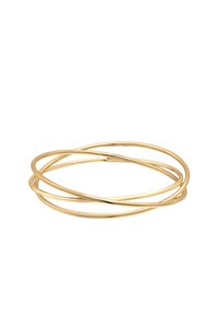 Guldfärgad bangle-armband med tre sammanflätade metallringar med en slät, reflekterande yta och minimalistisk design.