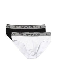 Brièf bianchi e neri con elastico grigio in vita, caratterizzati dal testo e dal logo "EMPORIO ARMANI"; tessuto liscio, taglio standard.