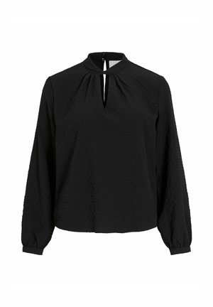 Czarna bluzka z długim rękawem wykonana z teksturowanej tkaniny, z dekoltem typu keyhole, marszczeniami i dopasowanymi mankietami. Prosty, luźny krój.