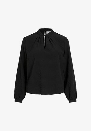 Czarna bluzka z długim rękawem wykonana z teksturowanej tkaniny, z dekoltem typu keyhole, marszczeniami i dopasowanymi mankietami. Prosty, luźny krój.