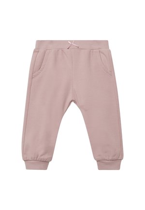 Weiche rosa Jogginghose für Kleinkinder mit elastischem Bund, kleinem vorderen Schleifchen, Seitentaschen und Bündchen an den Knöcheln.