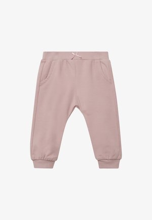Pantalon de jogging pour tout-petit de couleur rose pâle avec ceinture élastique, petit nœud à l'avant, poches latérales, et ourlets aux chevilles.
