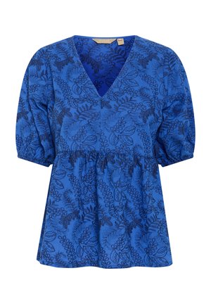 Blå blus med blommönster, v-ringning, korta puffärmar och samlad midja. Tillverkad av ett mjukt tyg med en slät textur.