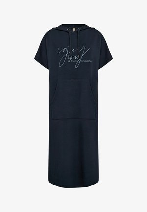 Robe à capuche bleu marine en tissu doux, dotée de manches courtes, d'une poche avant et d'un texte imprimé en bleu clair.