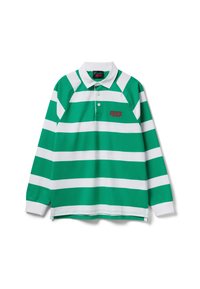 Zielono-biała koszulka rugby z długimi rękawami, białym kołnierzykiem oraz czerwonym logo "Stranger Things" po lewej stronie klatki piersiowej.