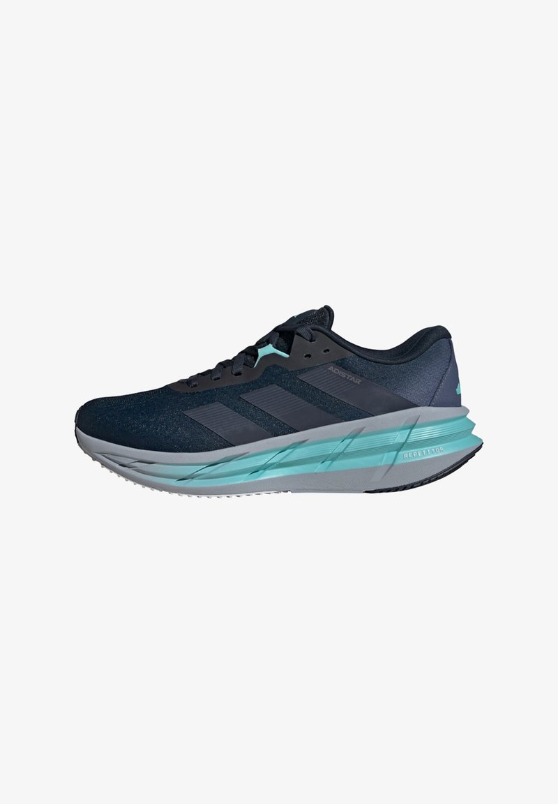 Sportliche Schuhe mit einem Obermaterial aus dunkelblauem Mesh, grauen Akzenten und einer türkisfarbenen Sohle. Leichtes Design mit strukturierter Oberfläche und minimalistischen Streifen.