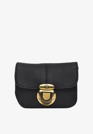 Kleines schwarzes Lederetui mit strukturierter Klappe und antikem messingfarbenem Drehverschluss in der Mitte vorne.