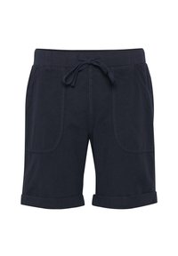 Pantalones cortos azul marino hechos de una tela ligera, con cintura ajustable por cuerda, dos grandes bolsillos laterales y puños enrollados.