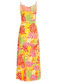 Bloemenjurk met levendige kleuren zoals geel, roze en groen. Spaghetti-schouderbandjes, aansluitend lijfje en gelaagde rok. Lichtgewicht stof.
