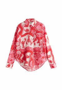 Camicia a maniche lunghe con motivo rosso e rosa, caratterizzata da colletto, chiusura con bottoni e orlo curvo. Il tessuto presenta una superficie strutturata.