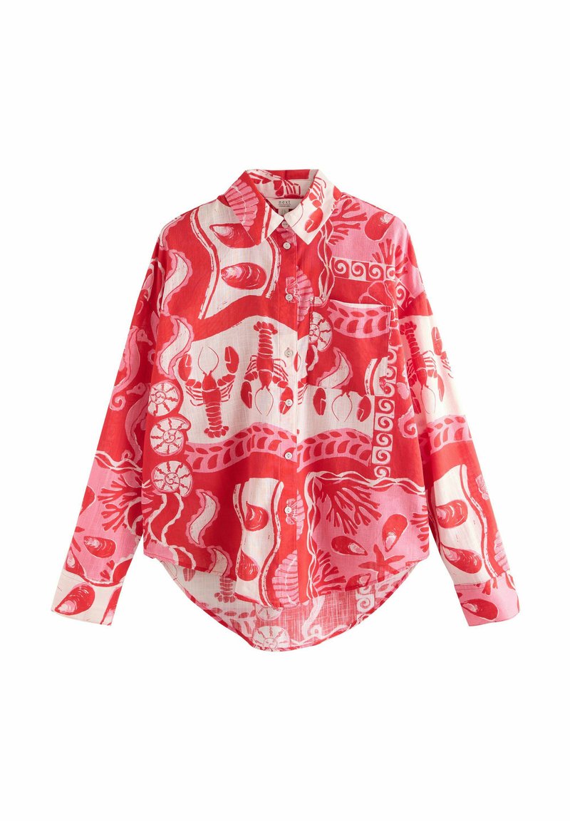 Camicia a maniche lunghe con motivo rosso e rosa, caratterizzata da colletto, chiusura con bottoni e orlo curvo. Il tessuto presenta una superficie strutturata.