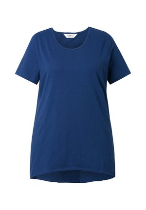 Marineblaue Kurzarm-T-Shirt mit rundem Ausschnitt, aus weichem Stoff, mit geradem Schnitt und leicht verlängertem Rückensaum.