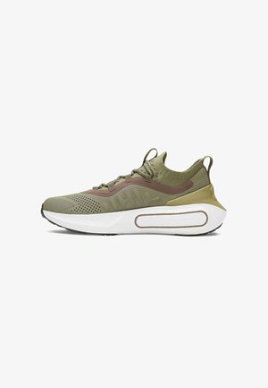 Olive green athletic shoe with a textured mesh upper, brown accents, cushioned white midsole, and a black rubber outsole.