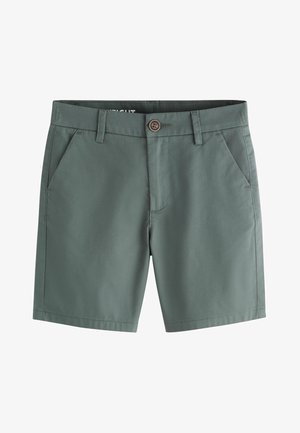 Grønne afslappede shorts med forlommer, bæltestropper, knaplukning og fladt frontdesign på hvid baggrund.
