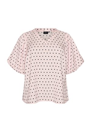 Heleroosa lühikeste varrukatega pluus mustade täppidega, V-kaelusega ja lahtiste, veidi paisuvate varrukatega.