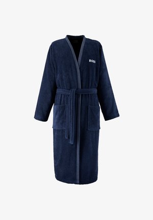 Peignoir en éponge bleu marine à manches longues, poches avant, ceinture à la taille, bordure rayée et logo "BOSS" sur la poitrine gauche.