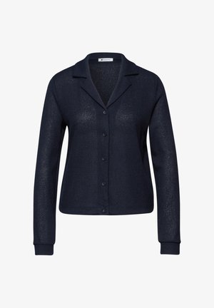 Marineblauer, langärmeliger, knöpfbarer Cardigan mit Kragen, aus leichtem, strukturiertem Strickstoff.