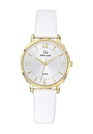 Montre-bracelet à bracelet en cuir blanc avec boîtier en or, index des heures et aiguilles dorés indiquant 10:10:36, logo "Go Mademoiselle" sur le cadran.