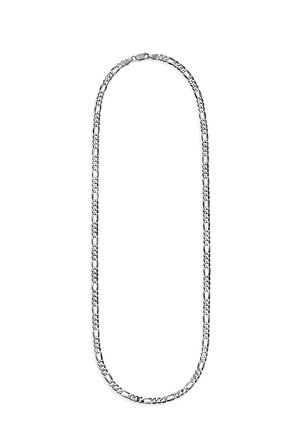 Silberne Halskette mit abwechselnden flachen und abgerundeten Gliedern und einem Karabinerverschluss vor weißem Hintergrund.