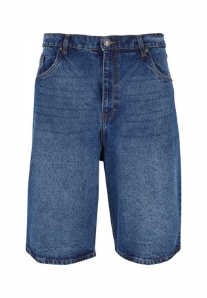 Džínové kraťasy ve středně modré barvě, s klasickým designem, pěti kapsami a zapínáním na zip s knoflíkem. Hrubá textura a rovný střih.