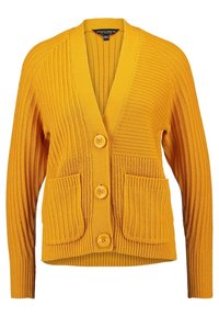 Žlutý pletený kardigan s výstřihem do V, žebrovanou texturou, třemi knoflíky a dvěma předními kapsami. Ležérní design s volným střihem.