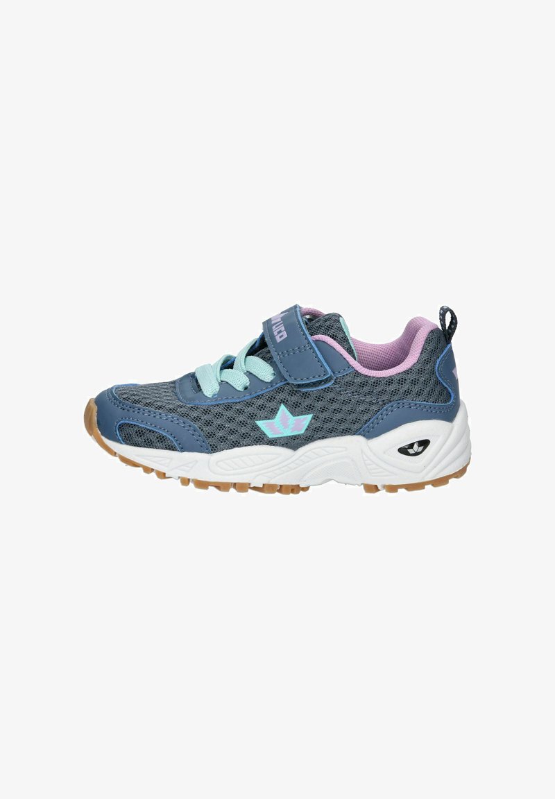 Blue sneaker with mesh and synthetic materials, turquoise laces, purple accents, a hook-and-loop strap, and a textured rubber outsole.