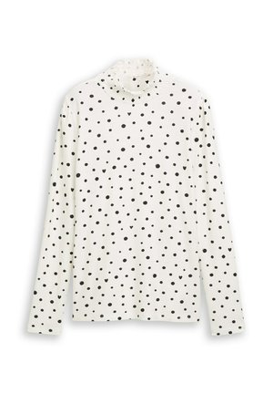 Langärmliges Hemd aus weißem Stoff mit schwarzen Punkten, mit einem hohen Rüschensaum und gerader Passform. Weiche, leichte Textur.