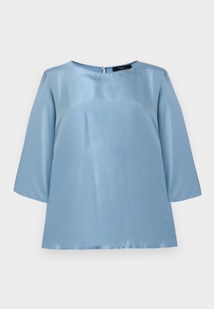 Light blue satin blouse with three-quarter sleeves and a round neckline, featuring a back zipper closure.