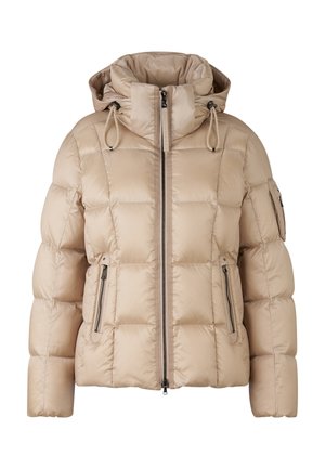 Beige puffer jacket with a quilted design, front zip closure, side zip pockets, drawstring hood, and smooth, glossy texture.