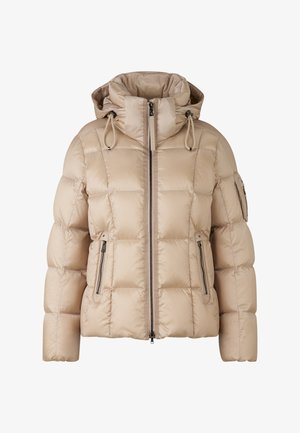 Beige pufjakke med quiltet design, frontlynlås, sidelommer med lynlås, hætte med snøre og glat, blank tekstur.