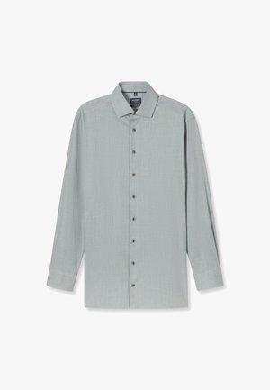 Helles graues Langarmshirt aus strukturiertem Stoff, mit einem klassischen Kragen und einer durchgehenden Knopfleiste mit sechs Knöpfen.