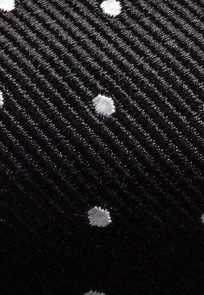 Μαύρο ύφασμα με λεπτή ραβδώσεις, διακοσμημένο με διάσπαρτες λευκές πουά βούλες. Η υφή φαίνεται λεία με ελαφριά γυαλάδα.