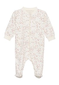Langärmliger Fußoverall aus cremefarbener Stoff mit verstreuten rosa und blauen Punkten. Vorderer Reißverschluss und gerippte Bündchen. Weiches, strukturiertes Material.