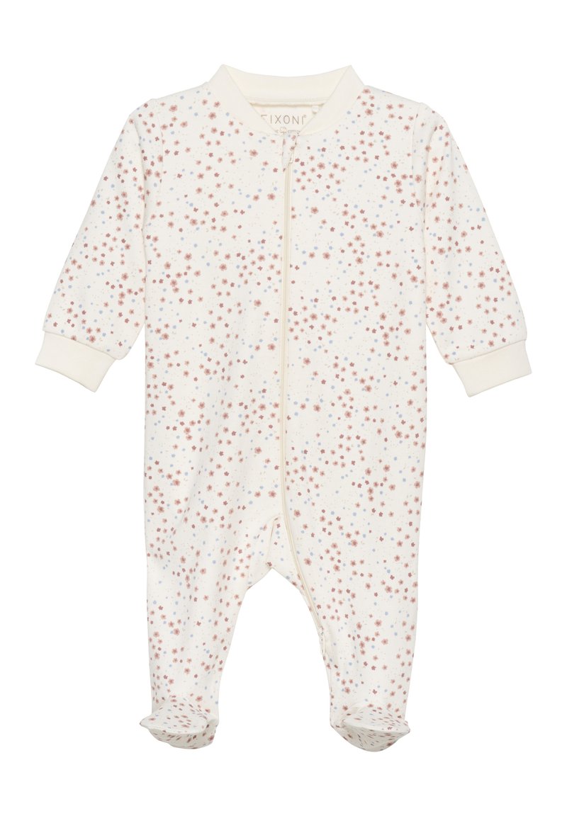Langärmliger Fußoverall aus cremefarbener Stoff mit verstreuten rosa und blauen Punkten. Vorderer Reißverschluss und gerippte Bündchen. Weiches, strukturiertes Material.
