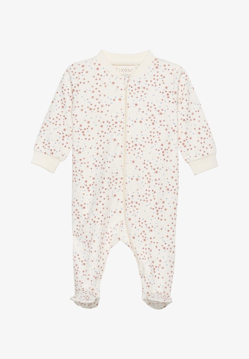 Langärmliger Fußoverall aus cremefarbener Stoff mit verstreuten rosa und blauen Punkten. Vorderer Reißverschluss und gerippte Bündchen. Weiches, strukturiertes Material.