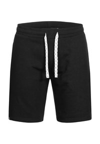 Shorts en coton noirs avec une taille élastiquée à cordon, ornés de lacets blancs à motif. Design simple, longueur genou et tissu texturé.