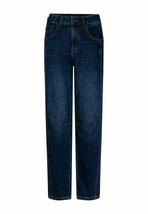 Donkerblauwe jeans met rechte pijpen, voorzakken, riemlussen en knoopsluiting, getoond op een effen witte achtergrond.