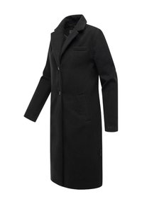 Manteau en laine noire avec col cranté, fermeture à boutons simple, deux poches latérales et une poche poitrine. Design minimaliste avec une texture lisse.