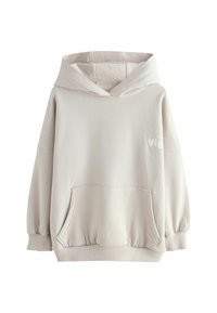 Ljust beige hoodie i mjukt material, med en stor huva, en framficka i kangoorostil och elastiska ärmslut med en liten broderad logga.