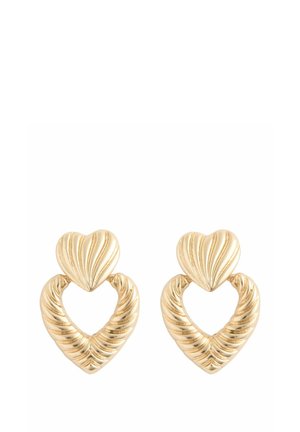 Gold-tone earrings featuring a heart design with ribbed texture, shaped as intertwined hearts. Smooth and patterned surface details.